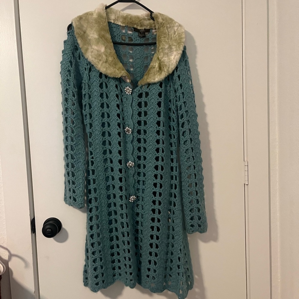 Anthropologie Teal Sweater with Faux Fur Collar